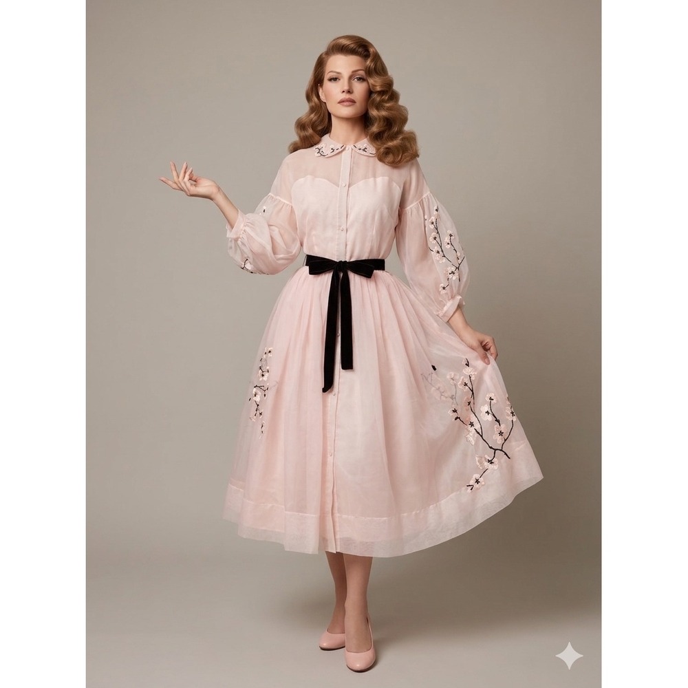 Eyeful by Ruth Flan Pink Nylon Organza Embroidered Dress Heart Neckline Vintage